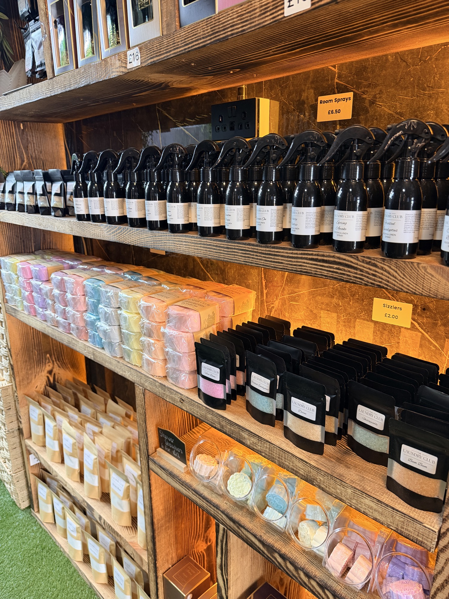 Room sprays, bath sponges, sizzlers and shower steamers